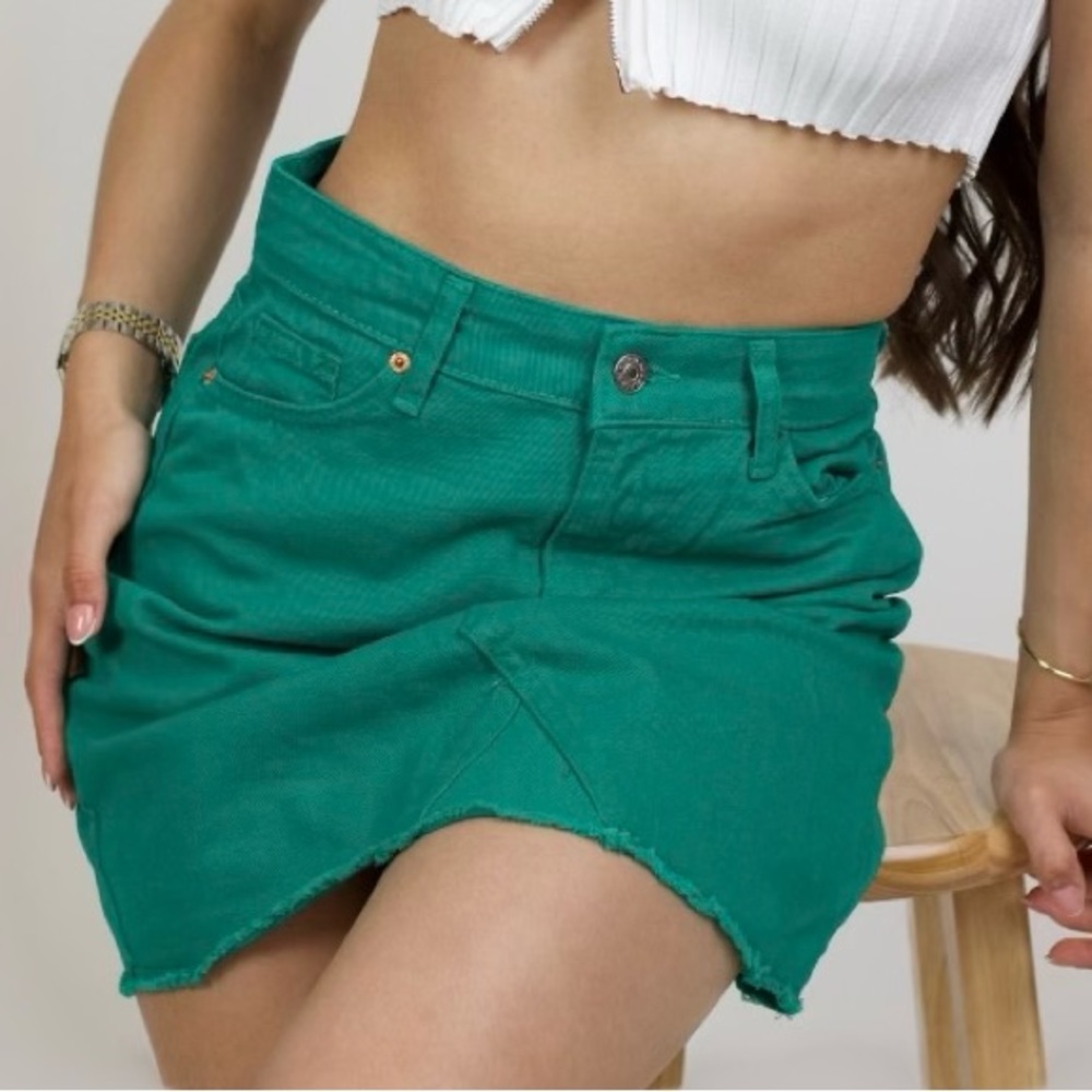 Green denim mini skirt
